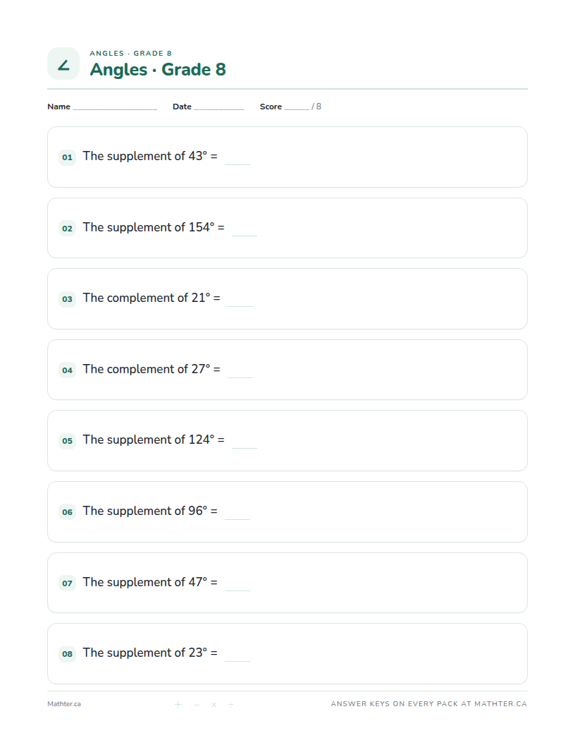Beginner Grade 8 angles worksheet, page one
