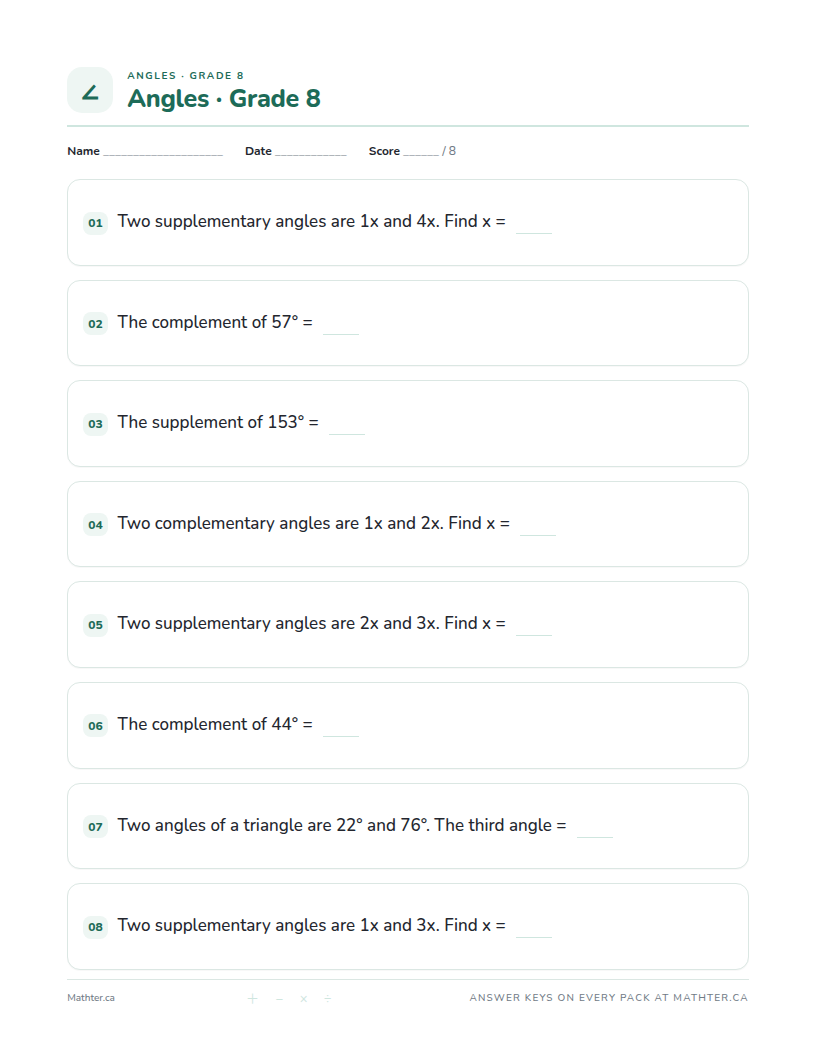 Advanced Grade 8 angles worksheet, page one