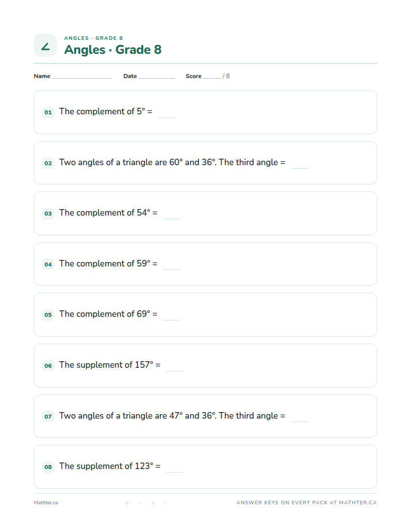 Intermediate Grade 8 angles worksheet, page one