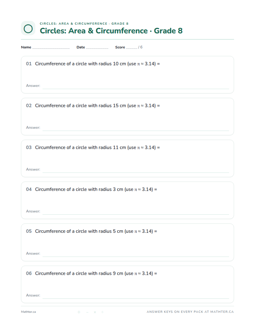 Beginner Grade 8 circle worksheet, page one