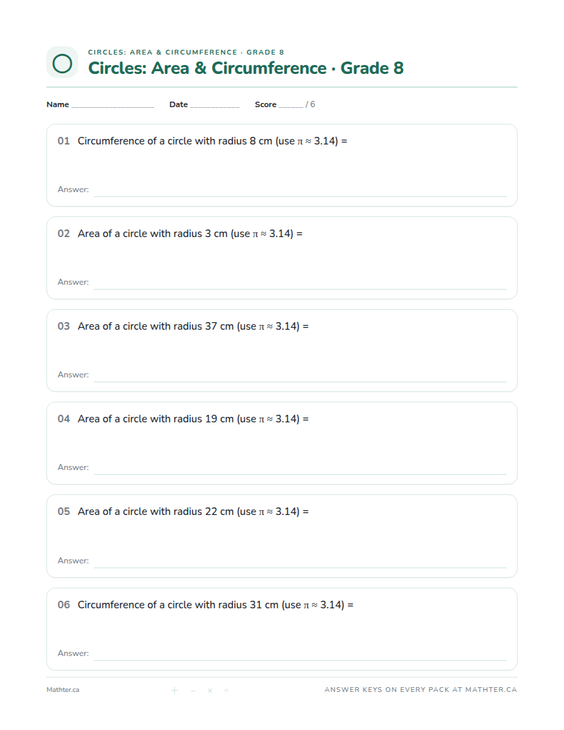 Advanced Grade 8 circle worksheet, page one