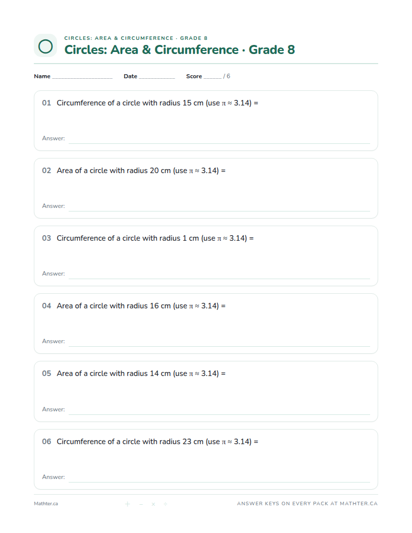 Intermediate Grade 8 circle worksheet, page one