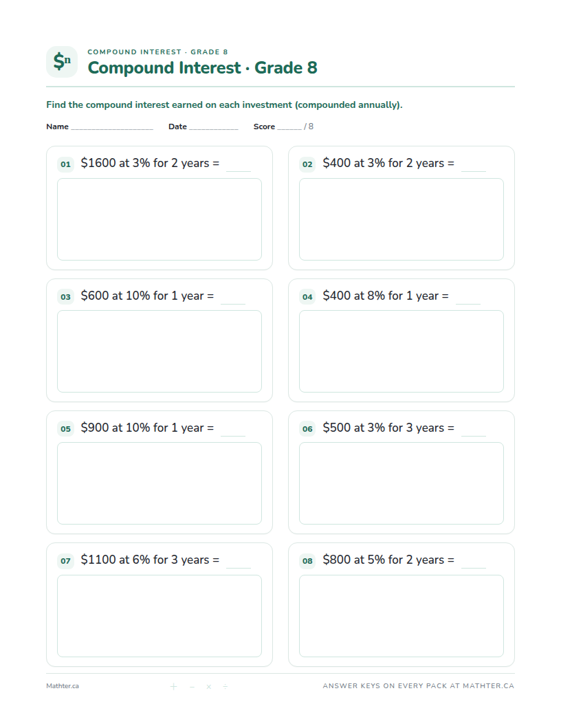 Advanced Grade 8 compound interest worksheet, page one