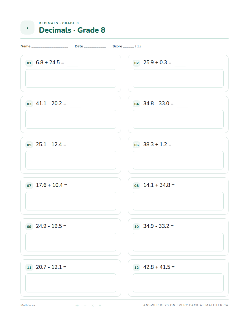 Beginner Grade 8 decimal worksheet, page one
