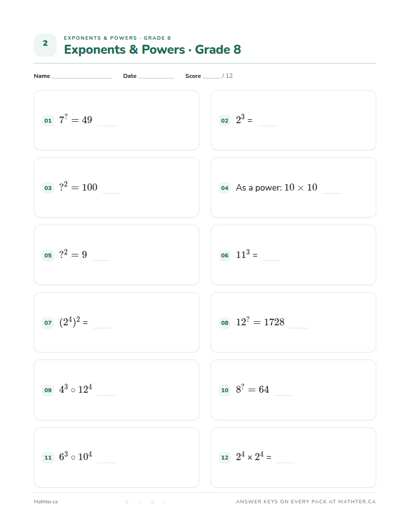 Advanced Grade 8 exponents worksheet, page one