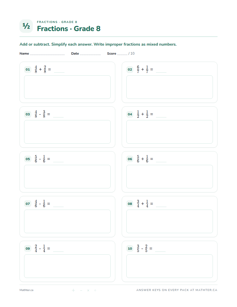 Beginner Grade 8 fraction worksheet, page one