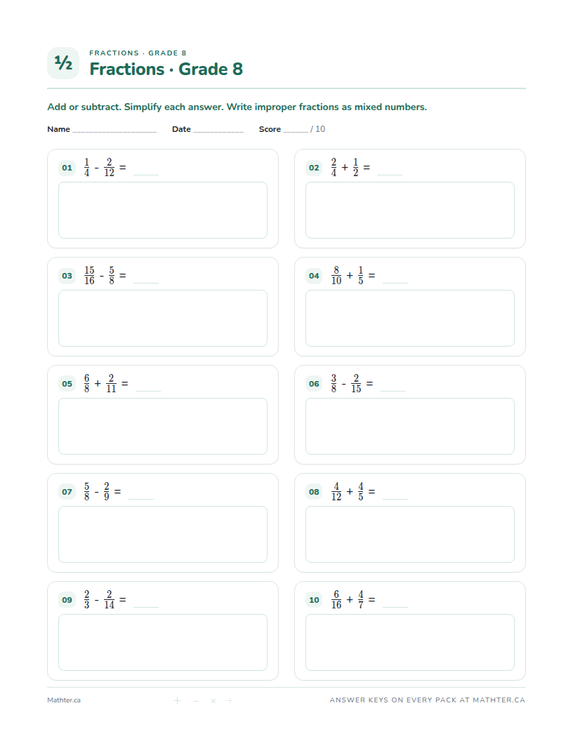 Intermediate Grade 8 fraction worksheet, page one