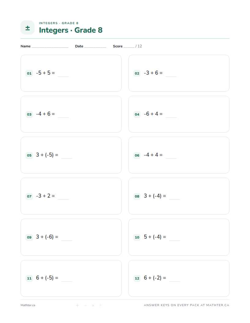 Beginner Grade 8 integer worksheet, page one