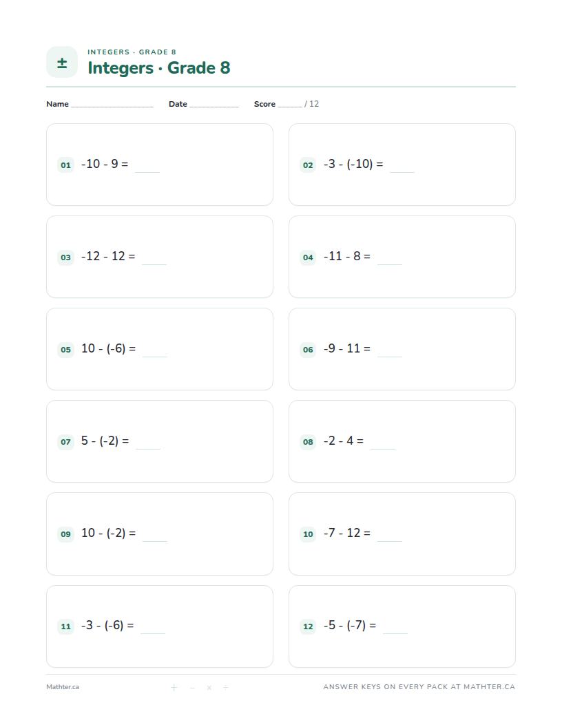 Intermediate Grade 8 integer worksheet, page one