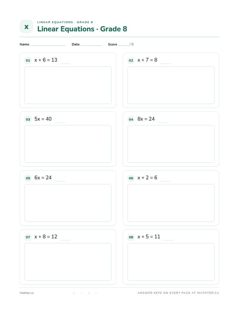 Beginner Grade 8 linear equations worksheet, page one