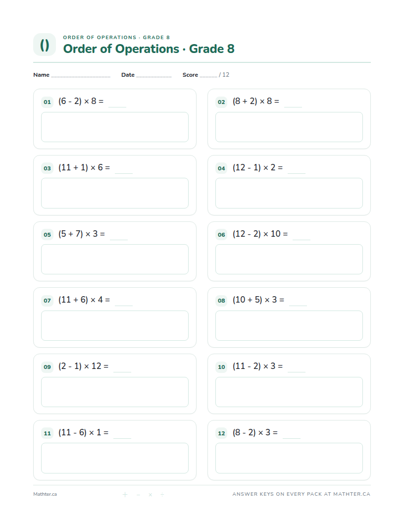Intermediate Grade 8 order of operations worksheet, page one