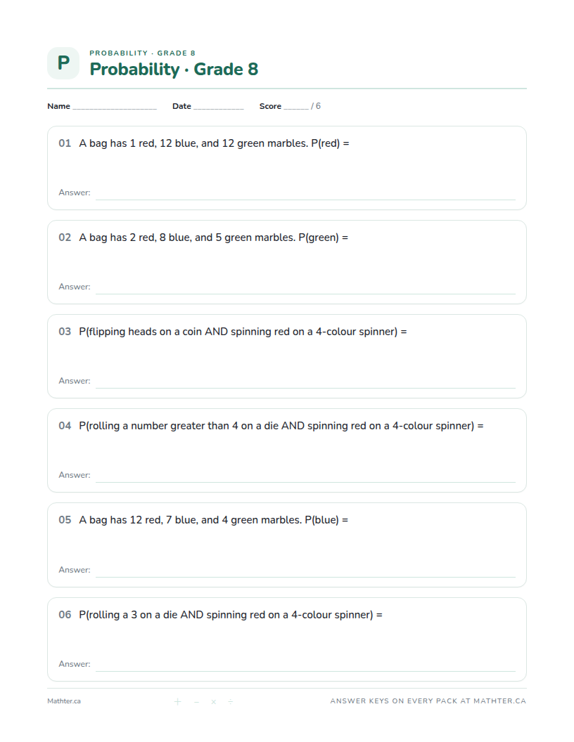 Advanced Grade 8 probability worksheet, page one