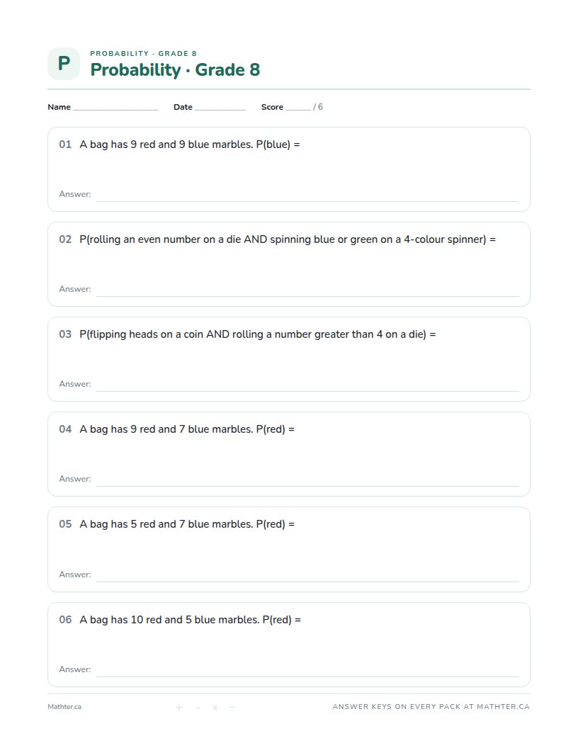 Intermediate Grade 8 probability worksheet, page one