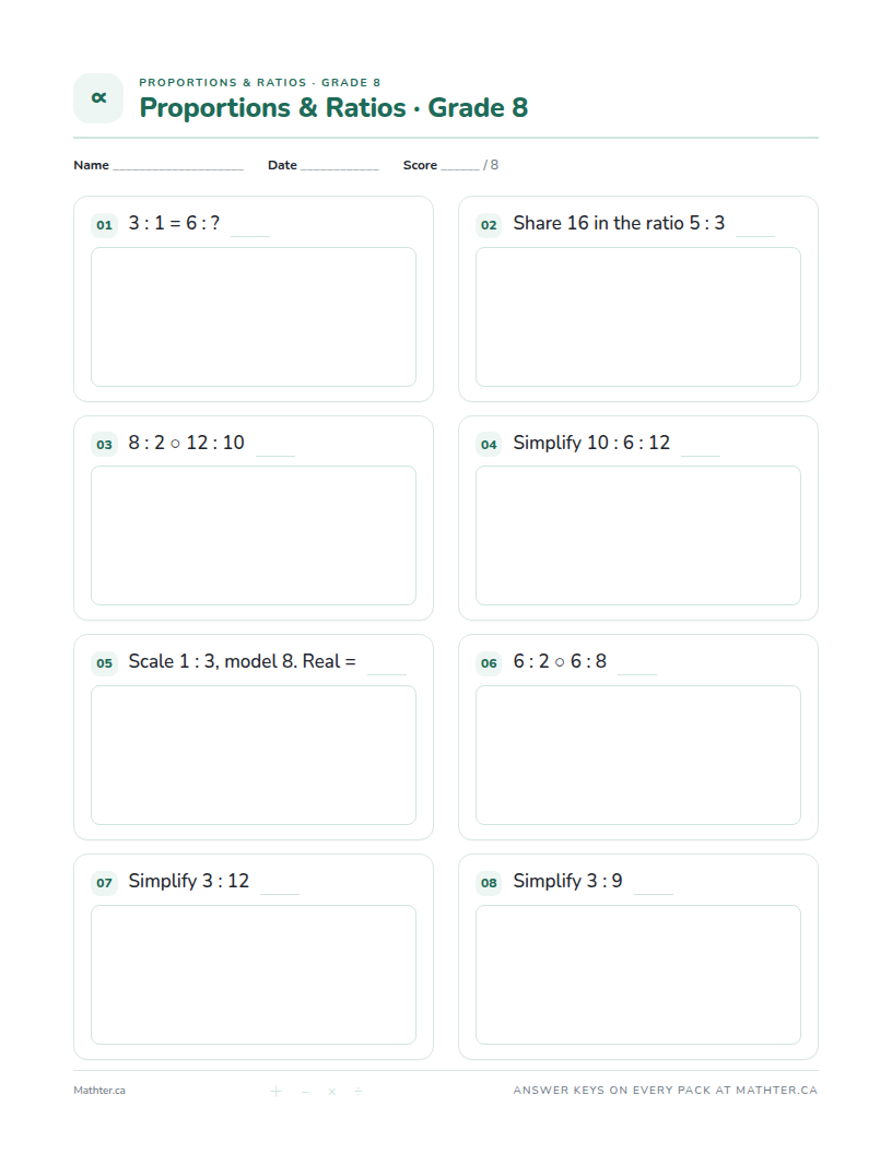 Beginner Grade 8 proportions & ratios worksheet, page one