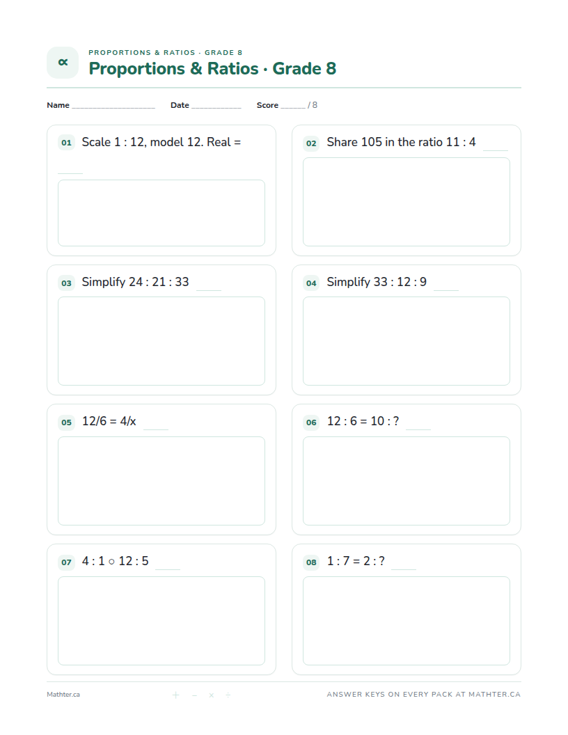 Advanced Grade 8 proportions & ratios worksheet, page one