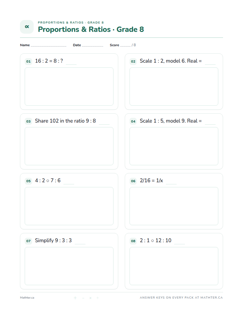 Intermediate Grade 8 proportions & ratios worksheet, page one