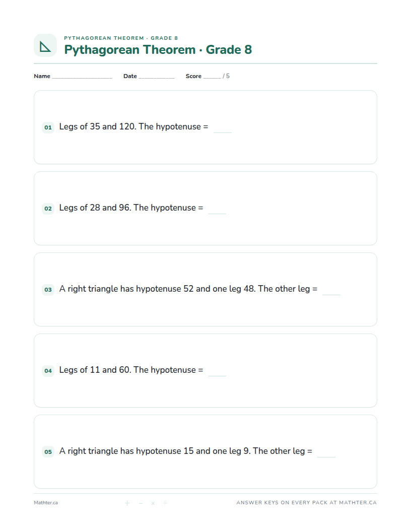 Intermediate Grade 8 pythagorean theorem worksheet, page one