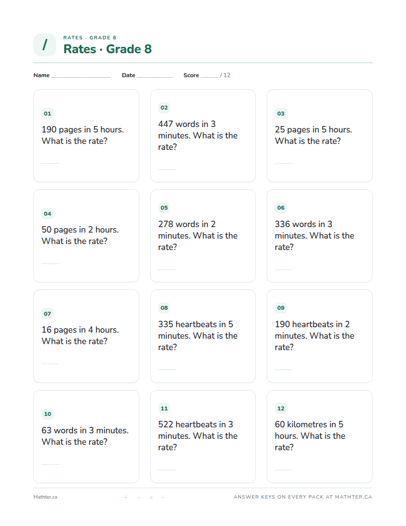 Beginner Grade 8 rates worksheet, page one