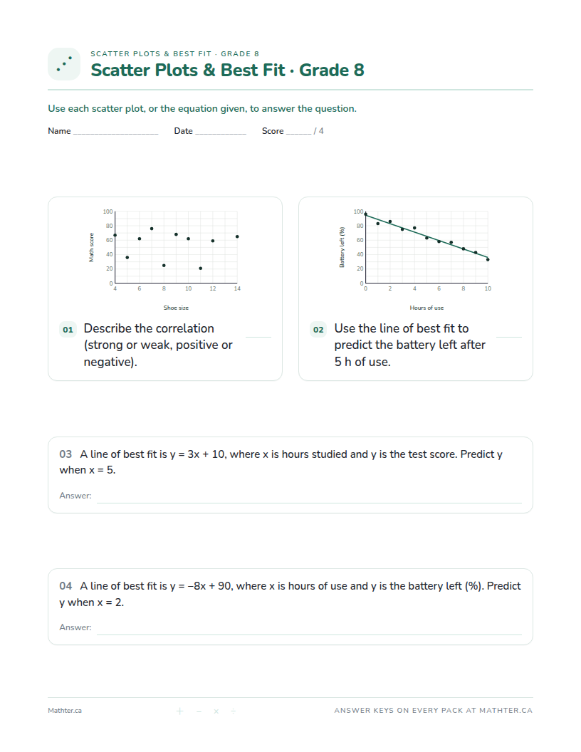 Advanced Grade 8 scatter plots worksheet, page one