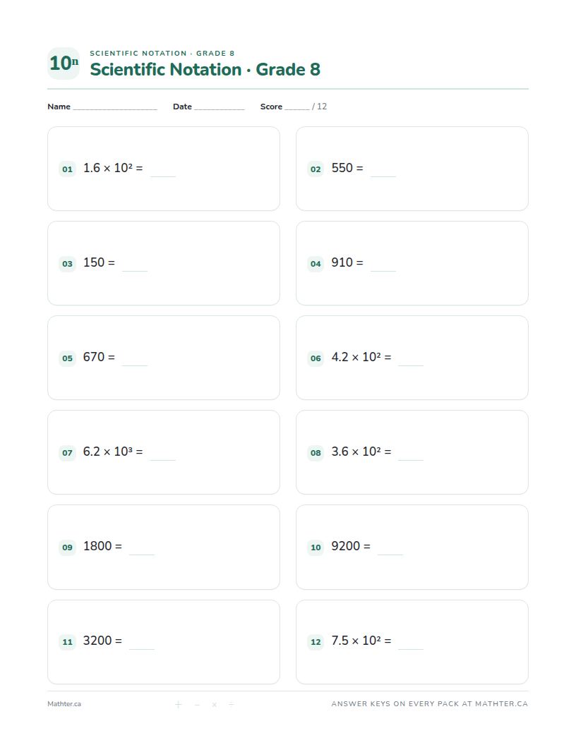 Beginner Grade 8 scientific notation worksheet, page one