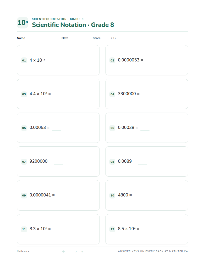 Advanced Grade 8 scientific notation worksheet, page one