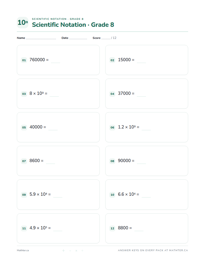 Intermediate Grade 8 scientific notation worksheet, page one