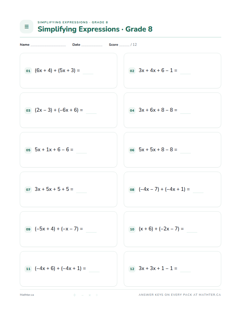 Beginner Grade 8 simplifying expressions worksheet, page one