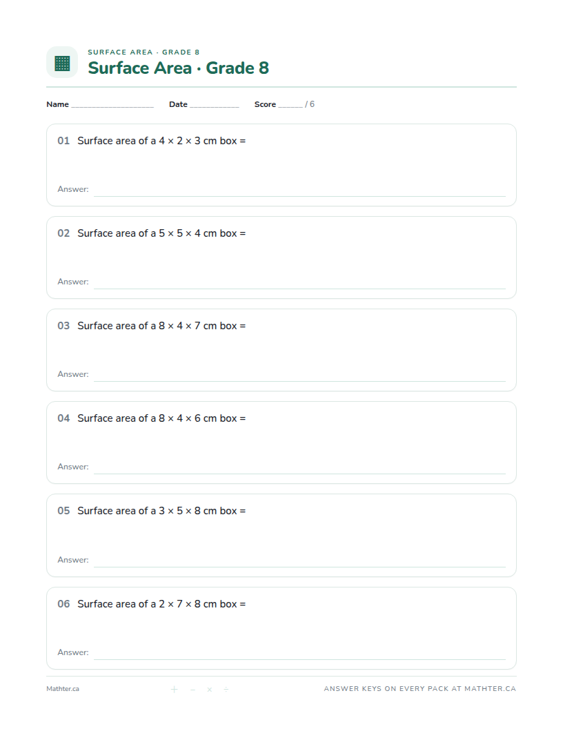 Beginner Grade 8 surface area worksheet, page one