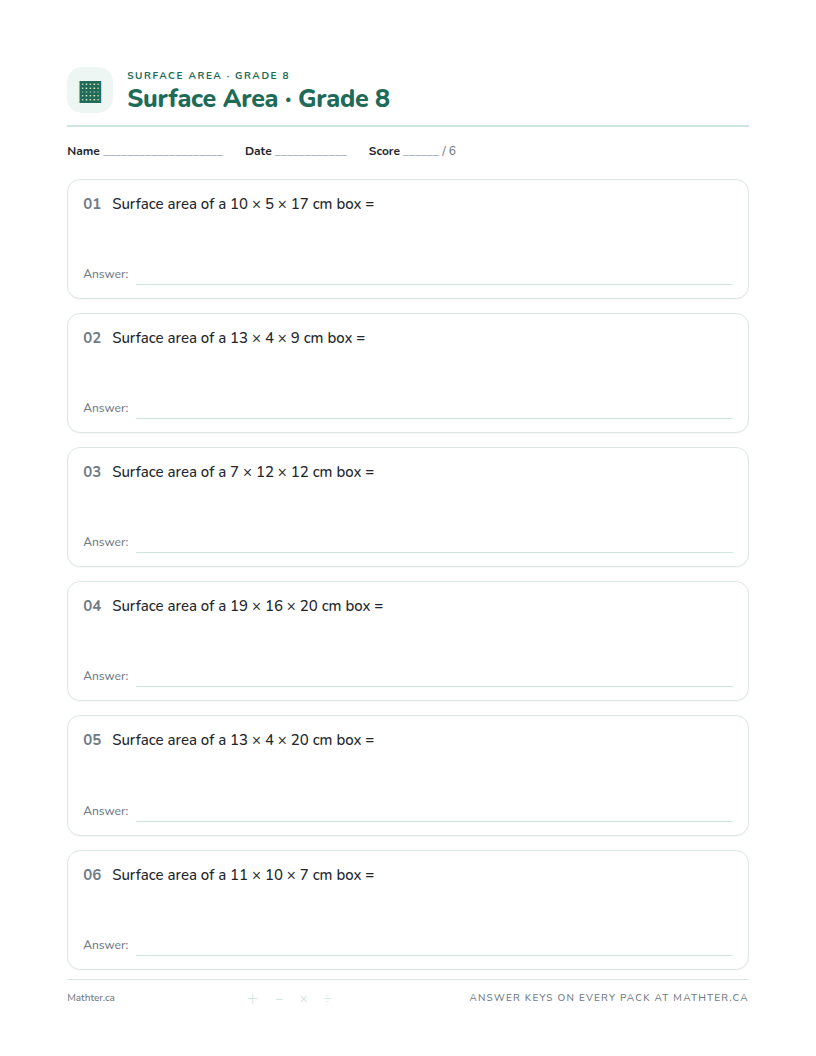 Advanced Grade 8 surface area worksheet, page one