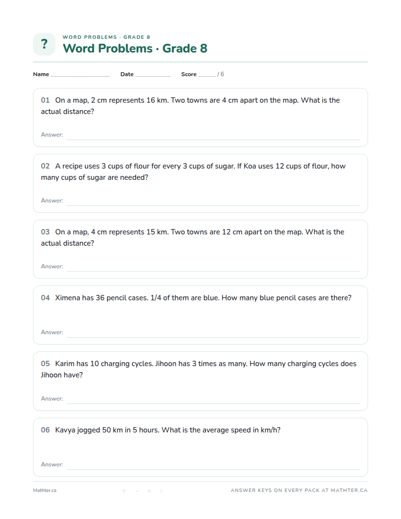 Beginner Grade 8 word problem worksheet, page one