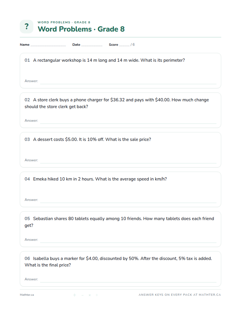 Advanced Grade 8 word problem worksheet, page one