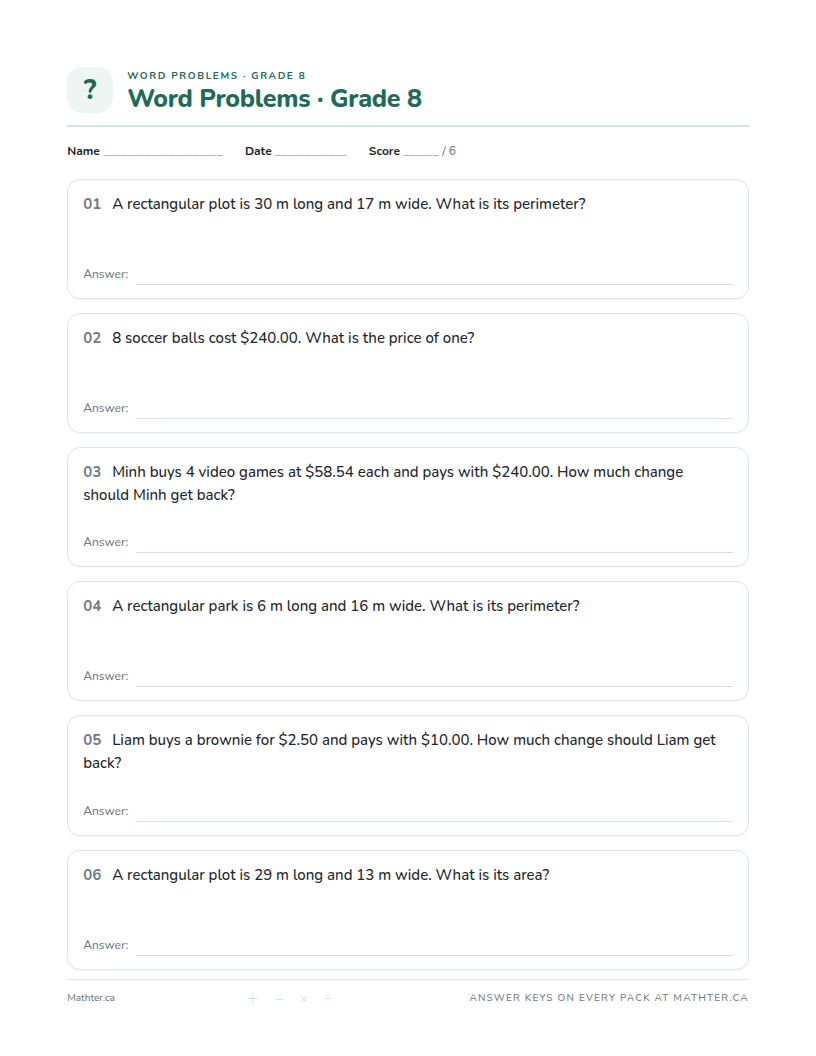 Intermediate Grade 8 word problem worksheet, page one
