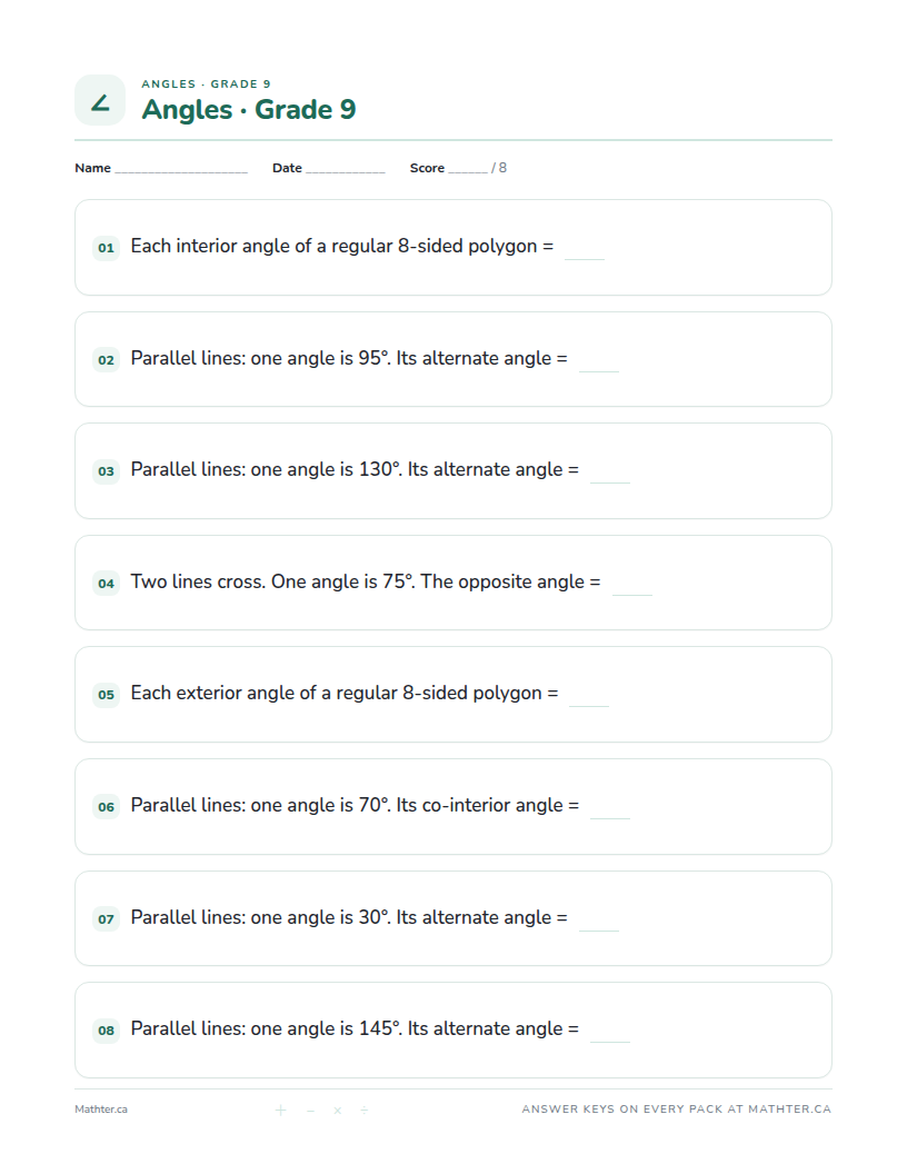 Beginner Grade 9 angles worksheet, page one