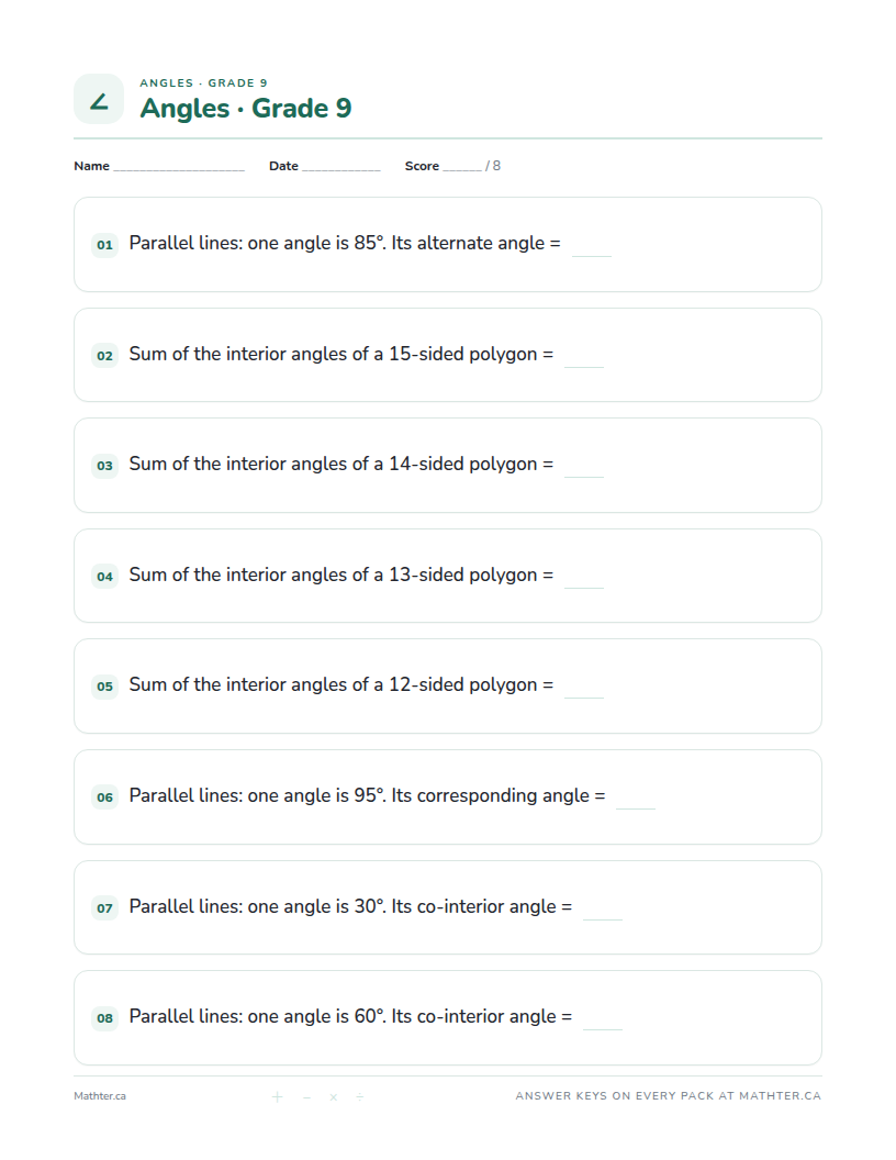 Advanced Grade 9 angles worksheet, page one