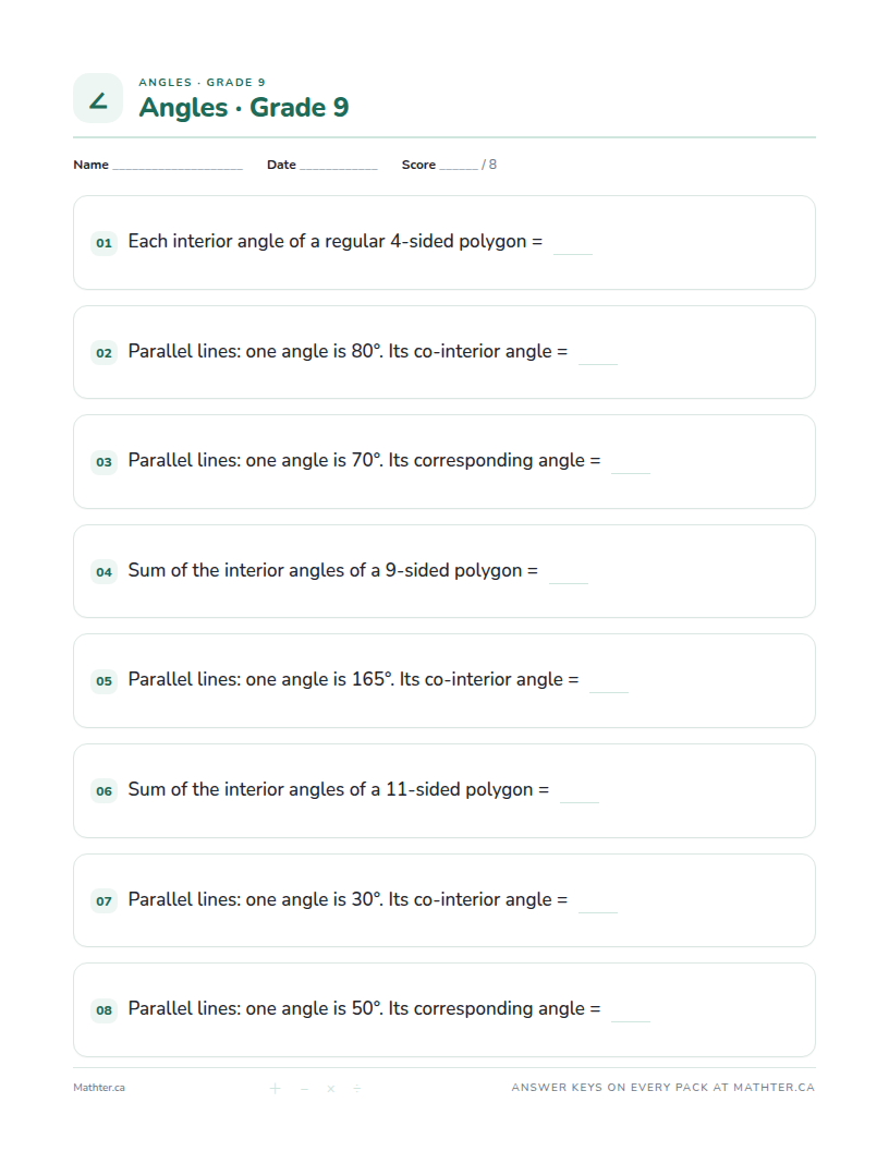 Intermediate Grade 9 angles worksheet, page one