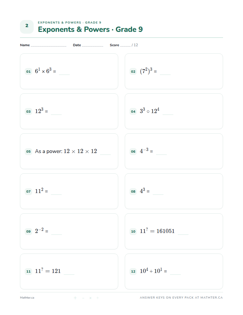 Advanced Grade 9 exponents worksheet, page one