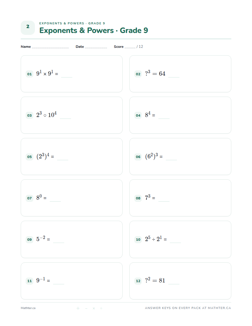 Intermediate Grade 9 exponents worksheet, page one