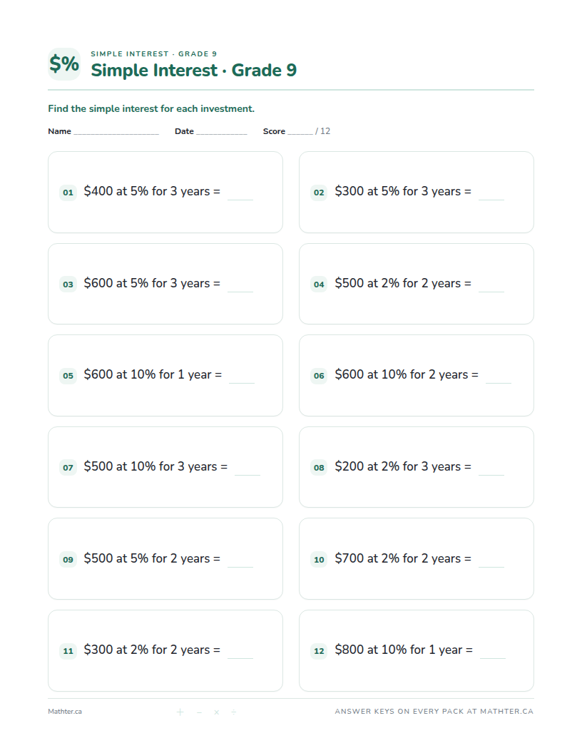 Beginner Grade 9 simple interest worksheet, page one