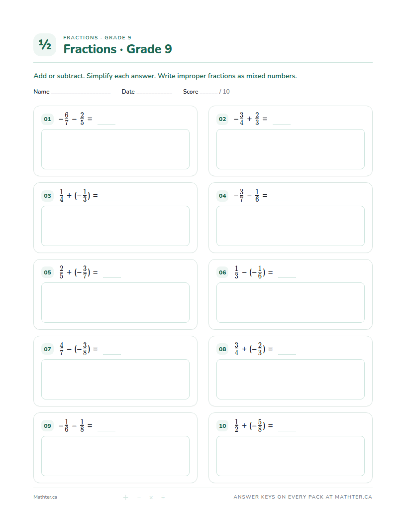 Beginner Grade 9 fraction worksheet, page one