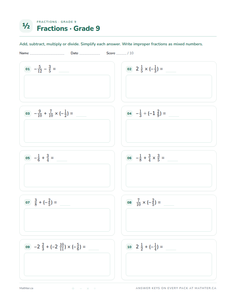 Advanced Grade 9 fraction worksheet, page one