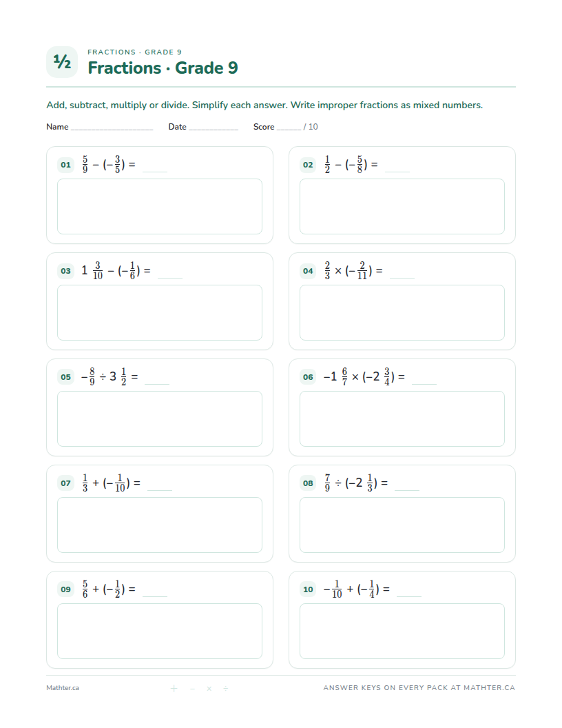 Intermediate Grade 9 fraction worksheet, page one