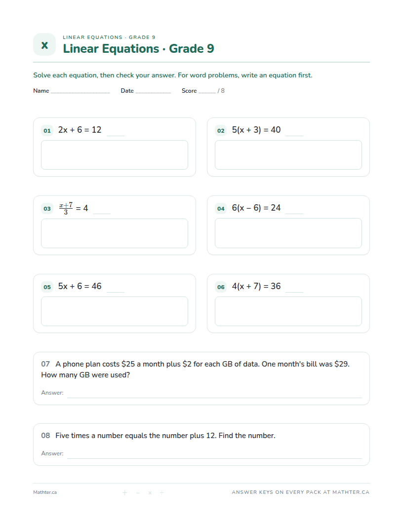 Beginner Grade 9 linear equations worksheet, page one
