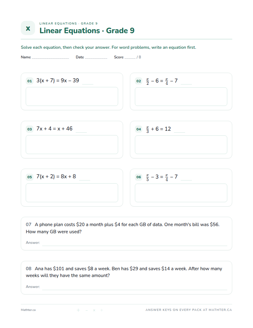 Advanced Grade 9 linear equations worksheet, page one