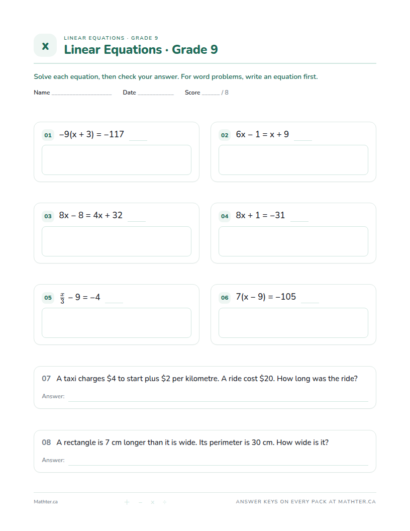 Intermediate Grade 9 linear equations worksheet, page one