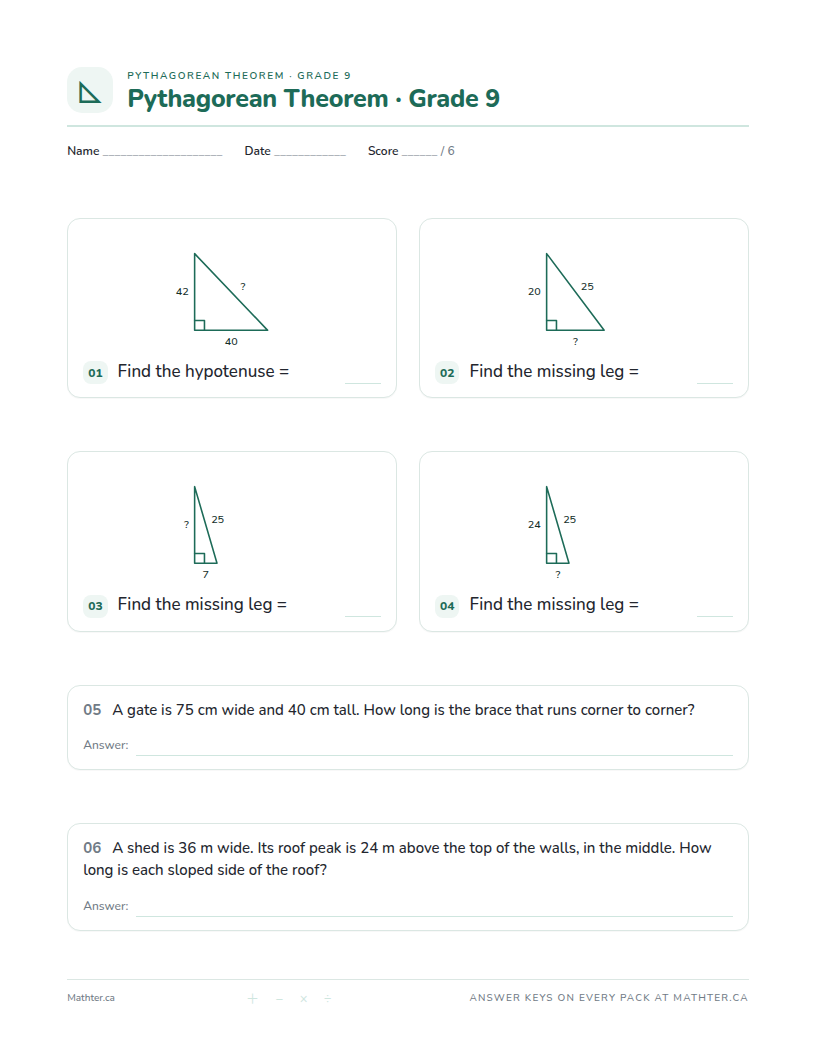 Beginner Grade 9 pythagorean theorem worksheet, page one