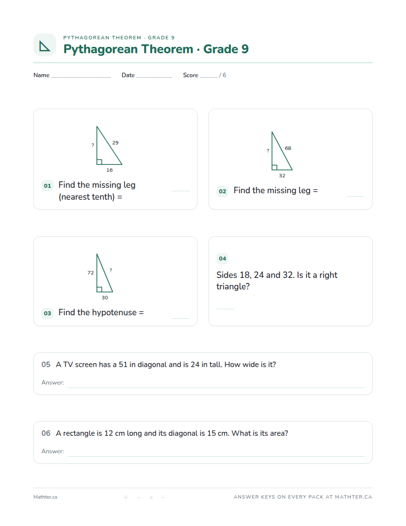 Advanced Grade 9 pythagorean theorem worksheet, page one