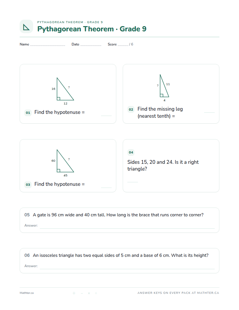 Intermediate Grade 9 pythagorean theorem worksheet, page one