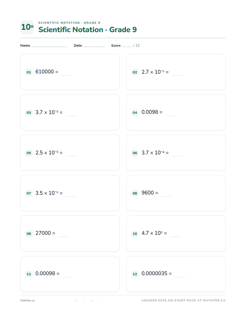 Advanced Grade 9 scientific notation worksheet, page one