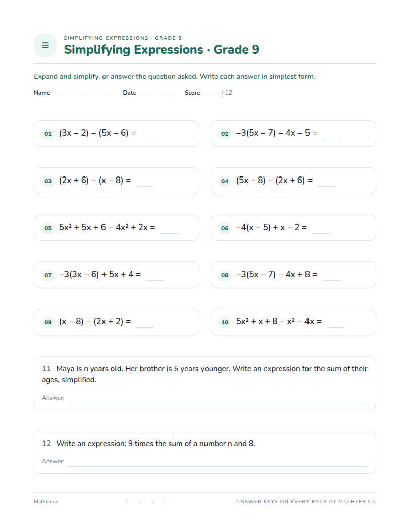 Beginner Grade 9 simplifying expressions worksheet, page one