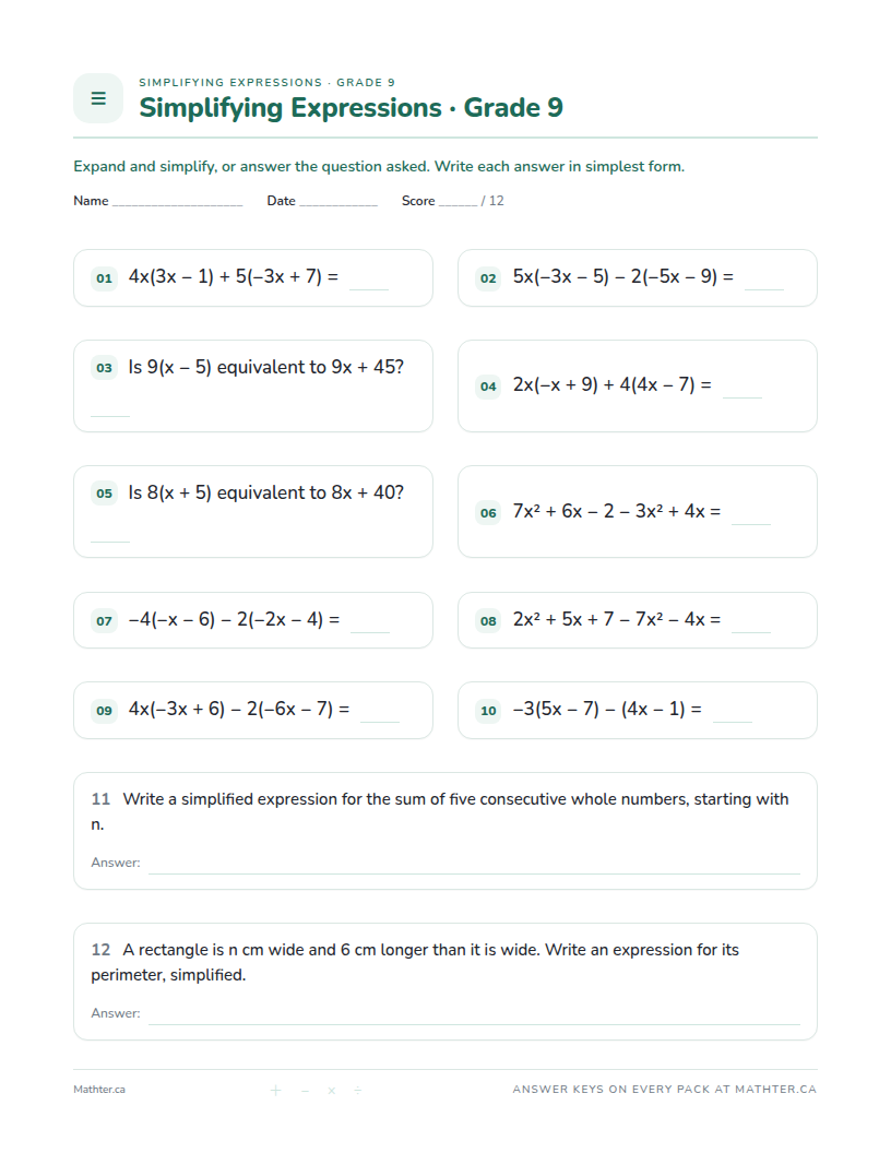 Advanced Grade 9 simplifying expressions worksheet, page one